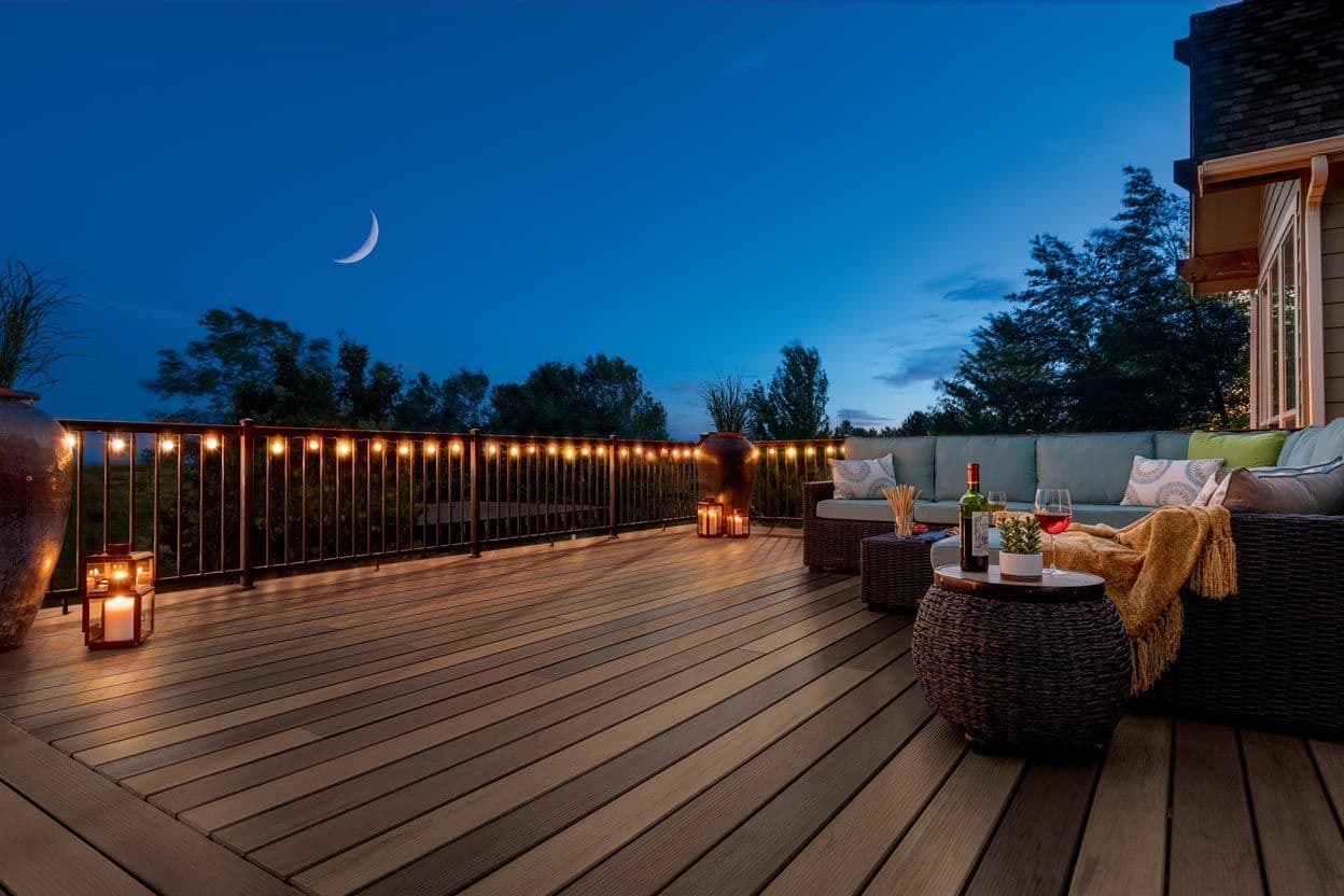 A brown backyard deck at dusk with lighting, patio furniture, and the moon showing.