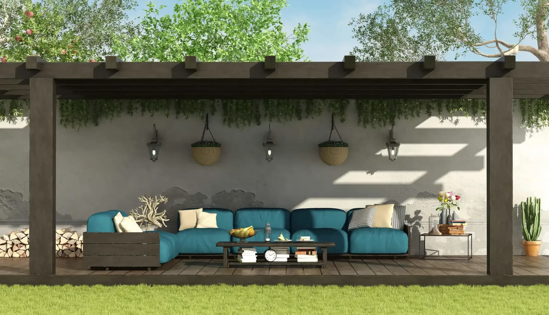 A dark brown pergola over a deck with brown and teal colored couch.