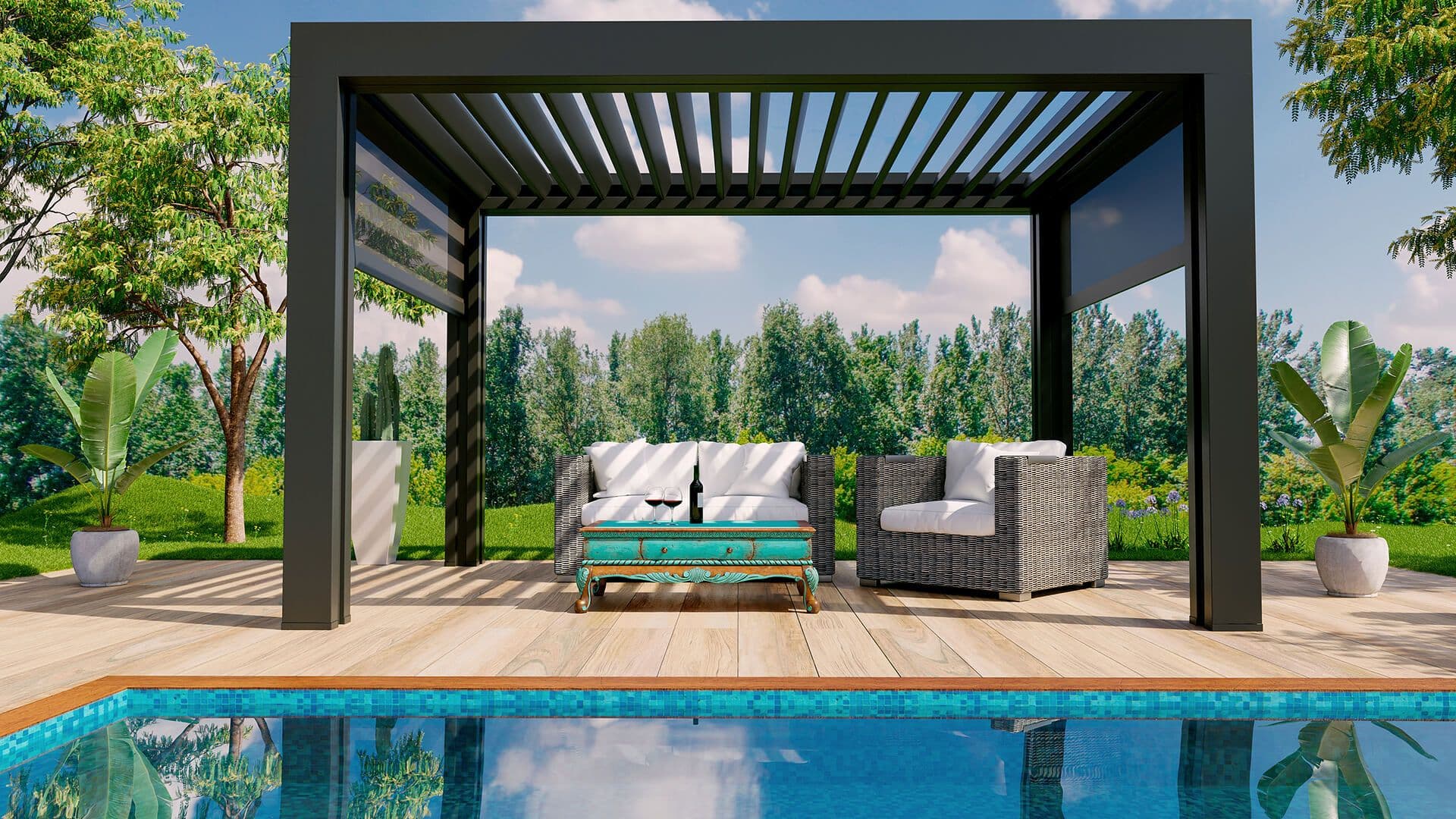 A black pergola with louvered roof and privacy screens in front of a pool.