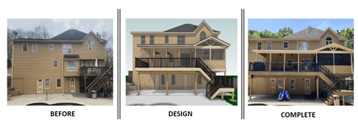A before, design, and after photo of a decking project.