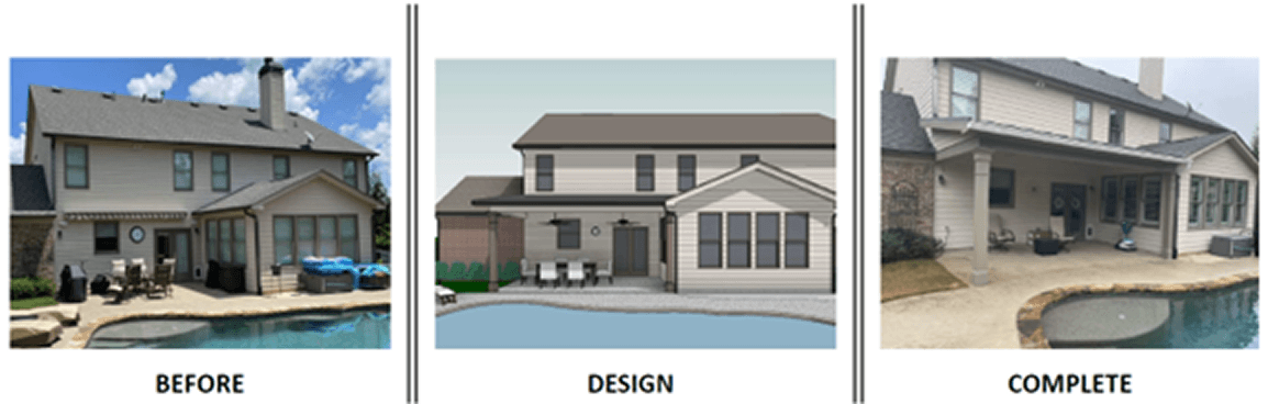 A before, design, and after photo of a decking project.