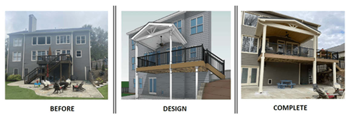 A before, design, and after photo of a decking project.