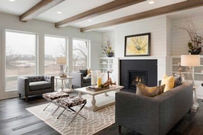 Large awning windows in a cozy, modern living room.