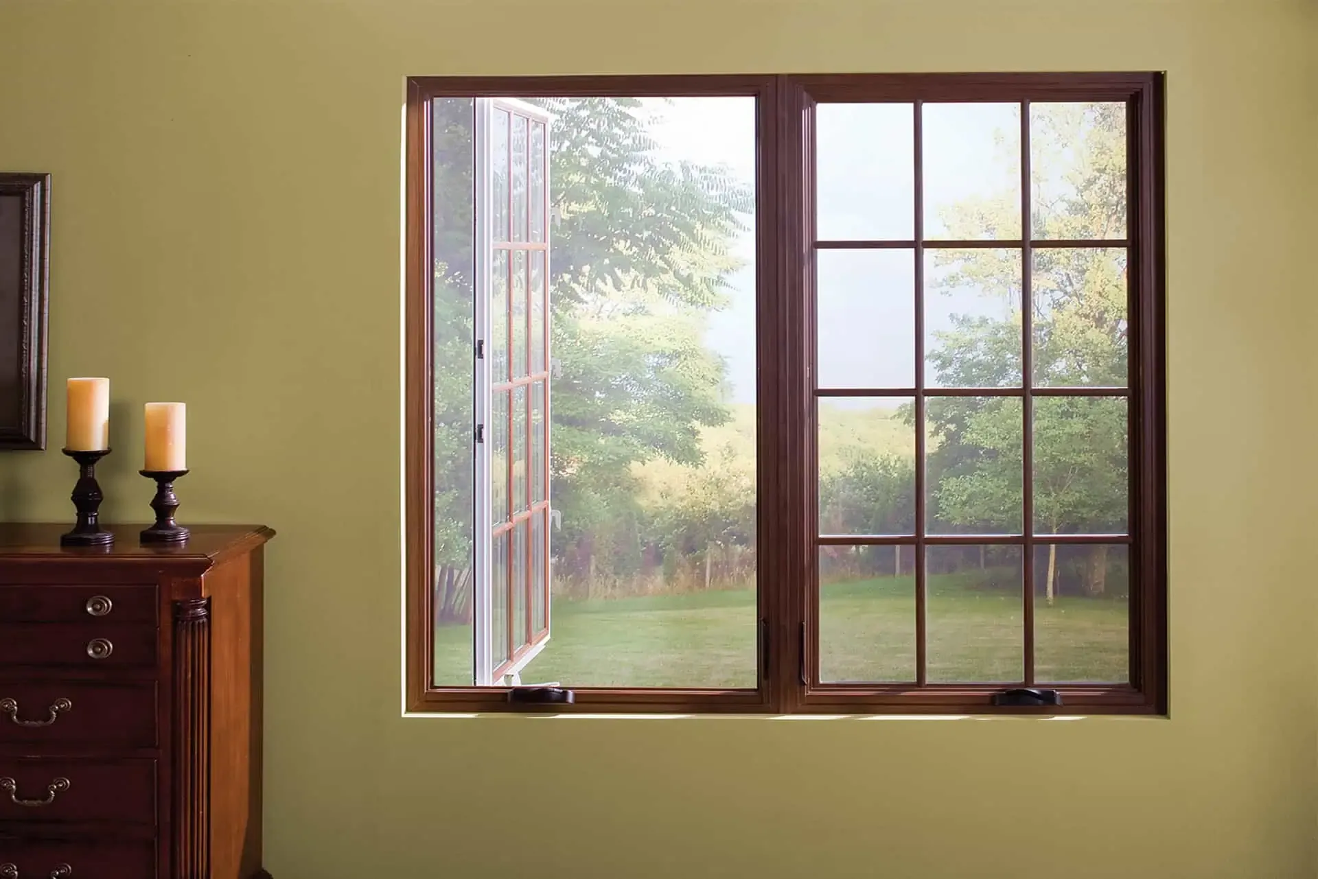 An open casement window with dark wood frame.